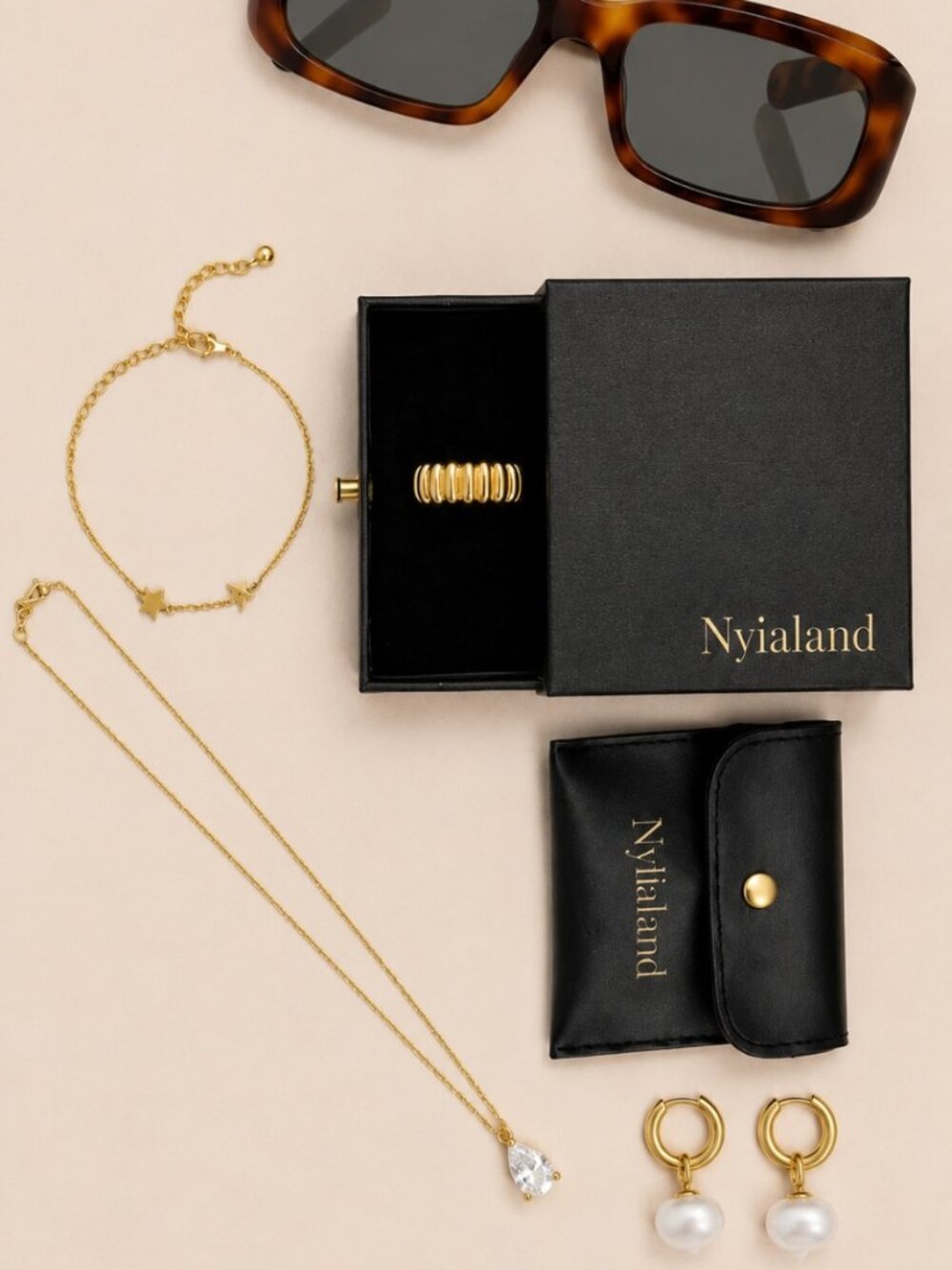 Gold Hammered Ring, Jewelry Set & Sunglasses